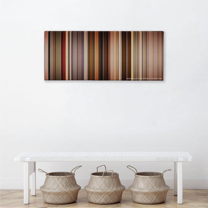 Pulp Fiction color palette canvas above a white bench with three woven baskets