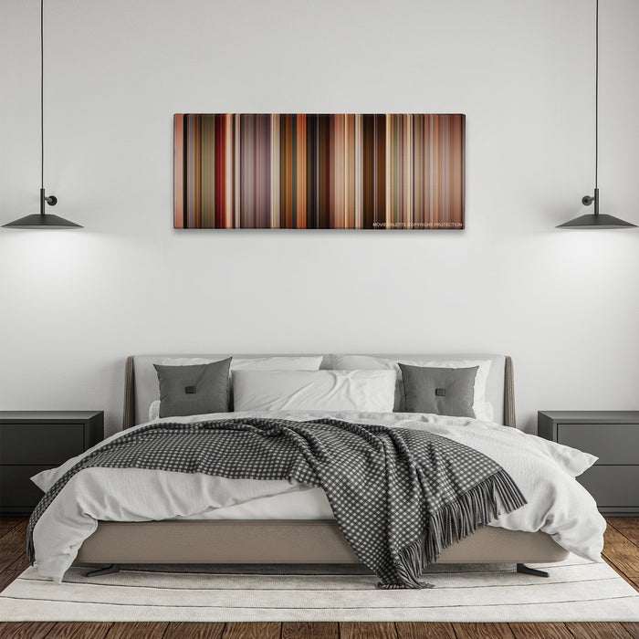 Pulp Fiction color palette canvas above a bed, between two black pendant lamps