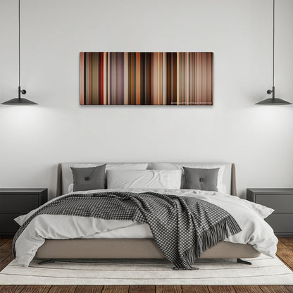 Pulp Fiction color palette canvas above a bed, between two black pendant lamps