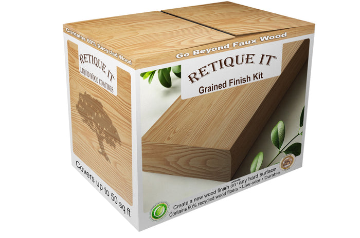 Retique It Raw Wood Kit in dark, natural wood finish, featuring a box with wood grain details and finishing supplies inside.