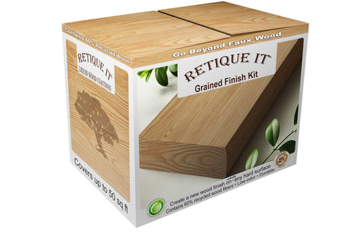 Retique It Raw Wood Kit in dark, natural wood finish, featuring a box with wood grain details and finishing supplies inside.