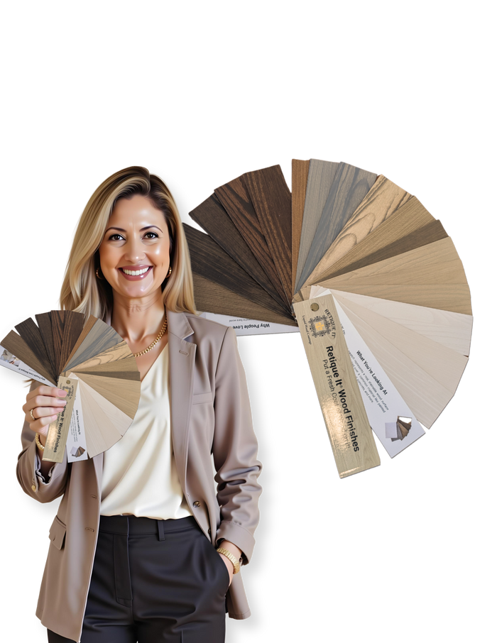 Retique It wood finish kits fan deck brochure showing various wood stain and finish options on transparent pages.