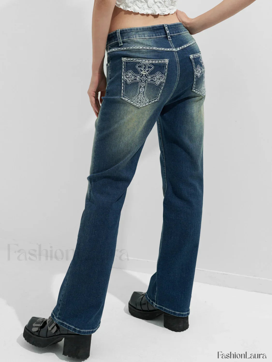 Rhinestone Chrome Hearts Flare Leg Jeans