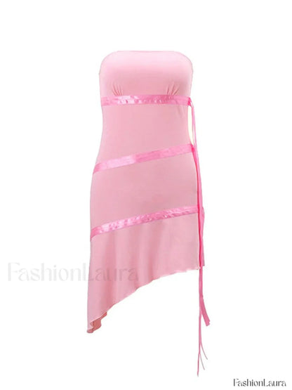 Ribbon Embellish Asymmetric Bandeau Mini Dress