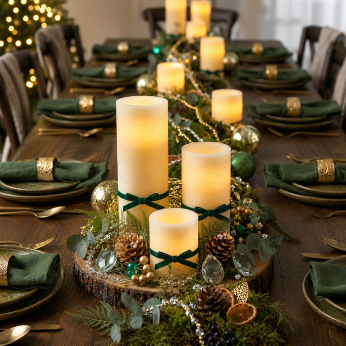 Assorted glowing flameless LED pillar candles on green-themed table with wooden tray