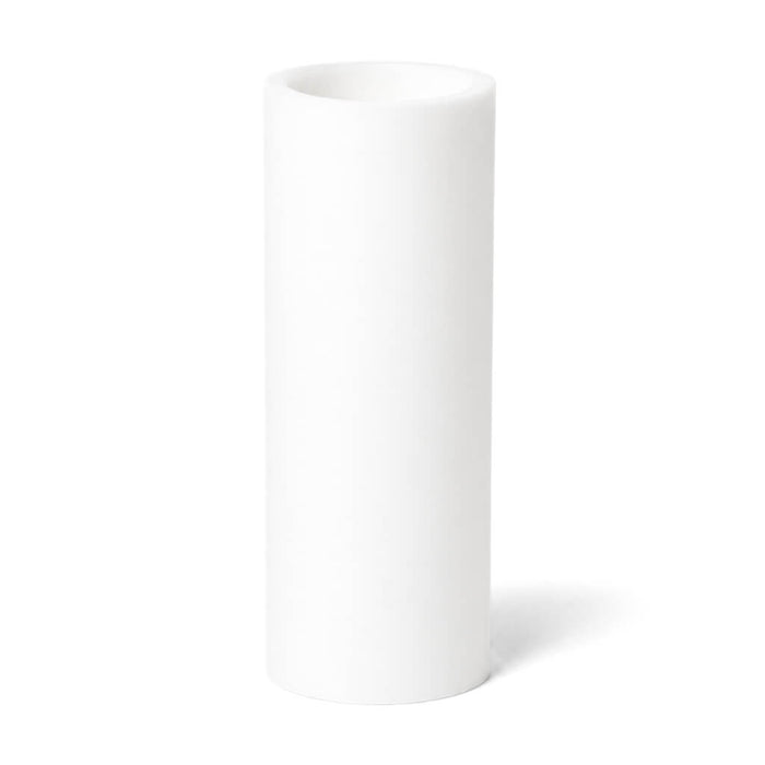Unlit tall flameless LED pillar candle on a white background
