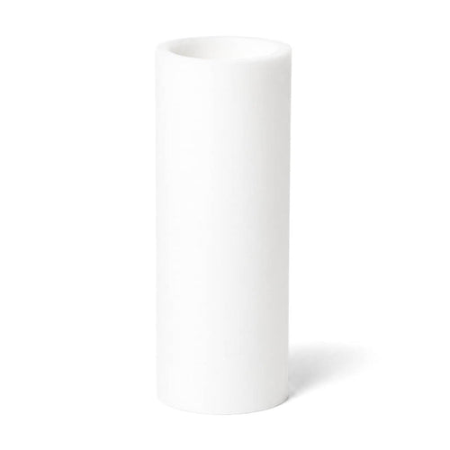Unlit tall flameless LED pillar candle on a white background