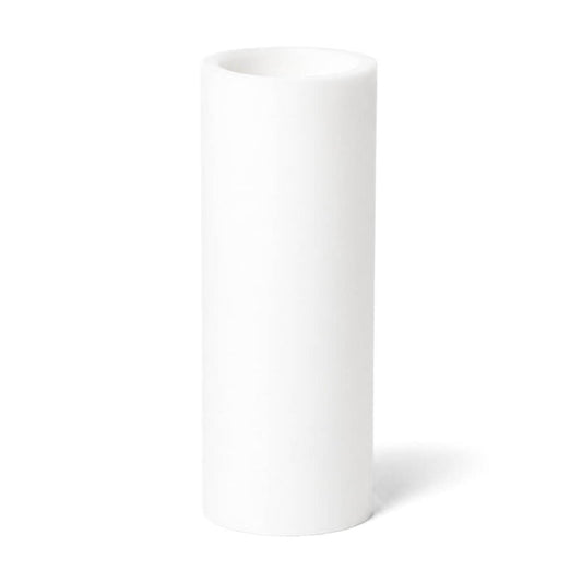 Unlit tall flameless LED pillar candle on a white background