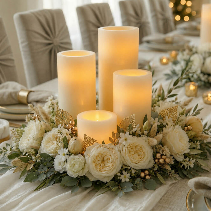Assorted flameless LED pillar candles on elegant floral dining table centerpiece