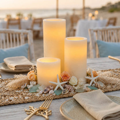Beach wedding centerpiece with ivory flameless LED pillar candles, seashells, and starfish