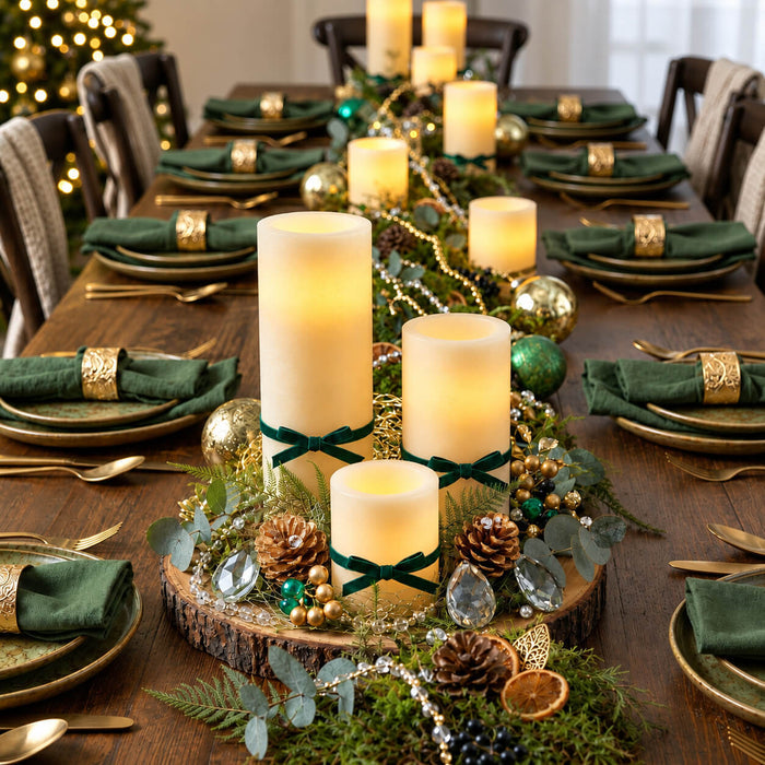 Christmas dining table centerpiece with ivory flameless LED pillar candles and green bows