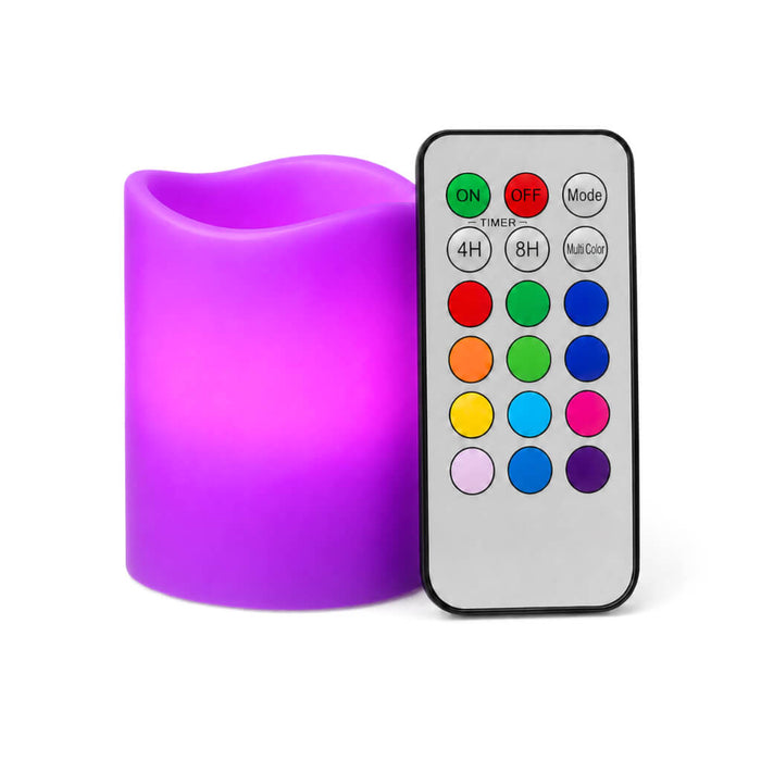 Small purple LED pillar candle with remote on white background