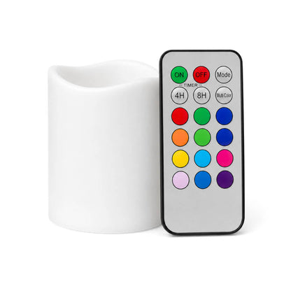 Small white flameless pillar candle and remote on white backdrop