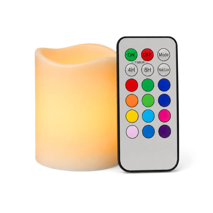 Small flameless orange pillar candle with color remote control