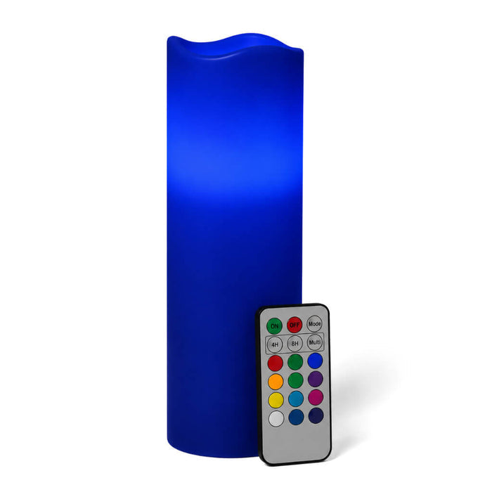 Royal blue LED pillar candle with remote control on white background