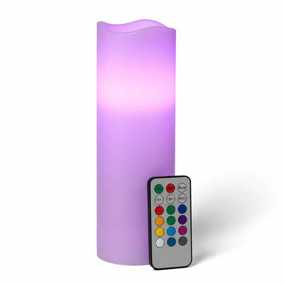 Lavender LED pillar candle with remote control on white background