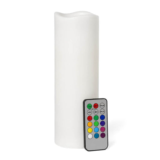White flameless pillar candle and remote on clean white backdrop