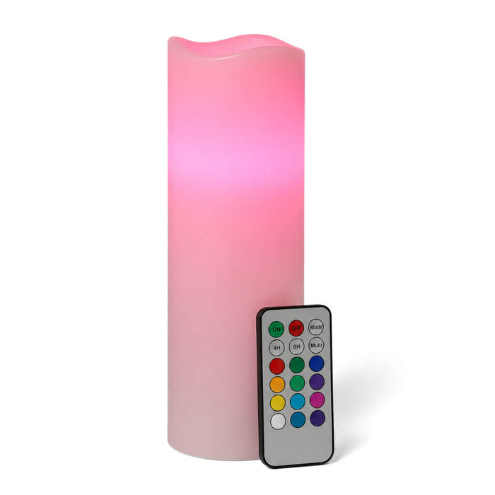 Pink LED pillar candle with remote control on white background