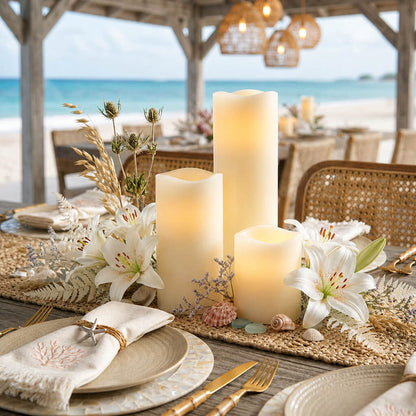 Beach tablescape with Flameless LED Wavy Top Pillar Candles white set