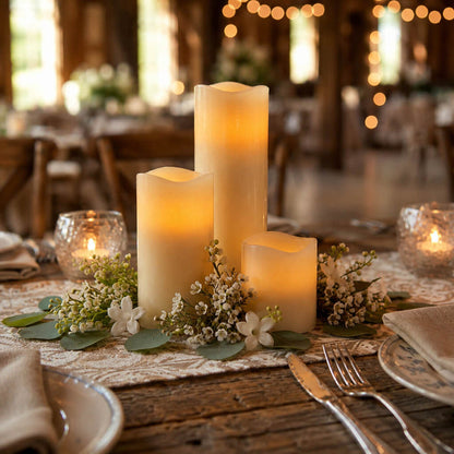 Rustic tablescape with Flameless LED Wavy Top Pillar Candles white set
