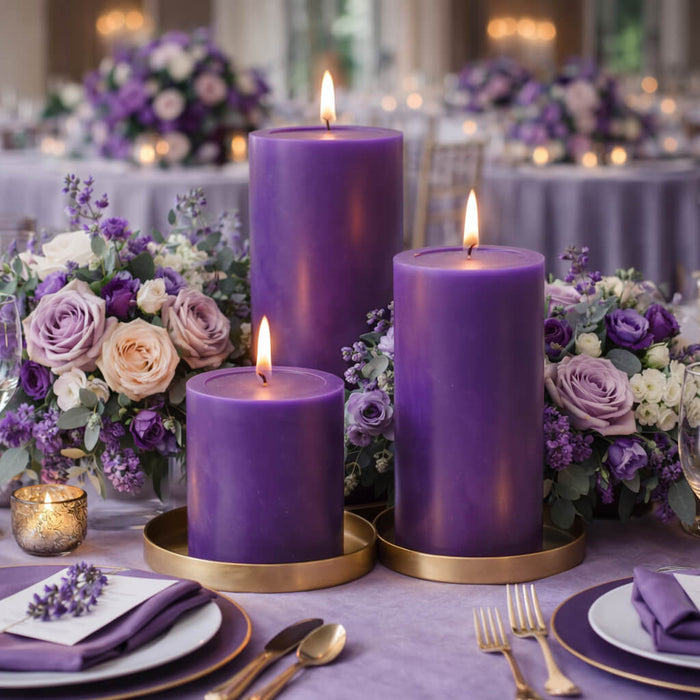 Richland Pillar Candles 4"x6", 4"x9" & 4"x12" Purple Set of 3