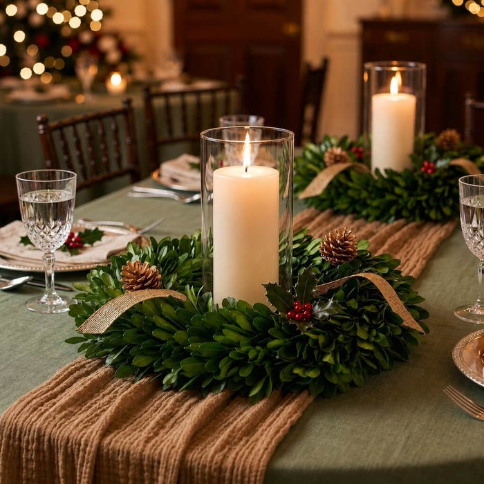 Preserved boxwood wreath surrounding a lit pillar candle on a holiday dining table setting