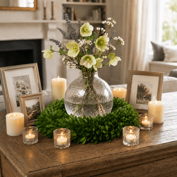Preserved boxwood wreath framing a flower vase, surrounded by candles and wooden picture frames