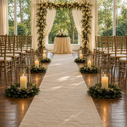 Wedding aisle with magnolia wreath candle lanterns and floral arch