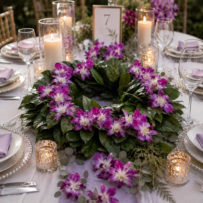 Magnolia wreath decorated with purple orchids on tablescape