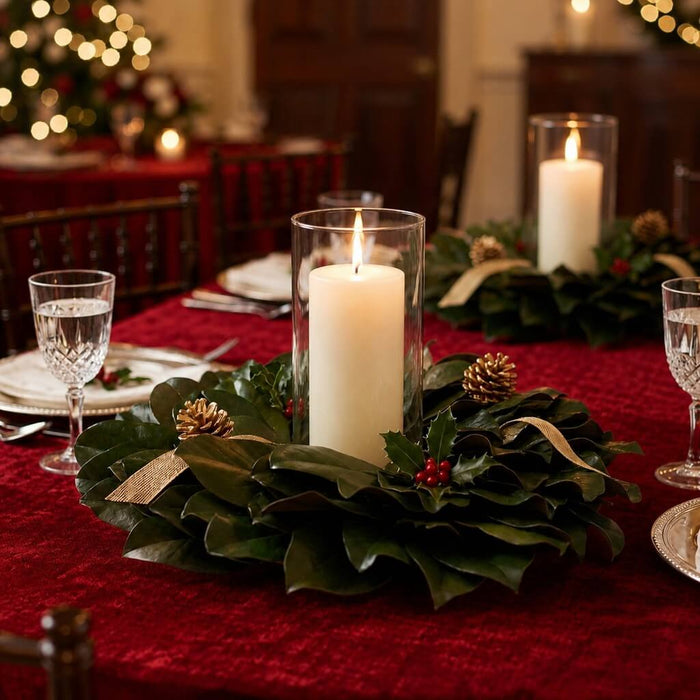 Magnolia wreath with candle and pinecones on table