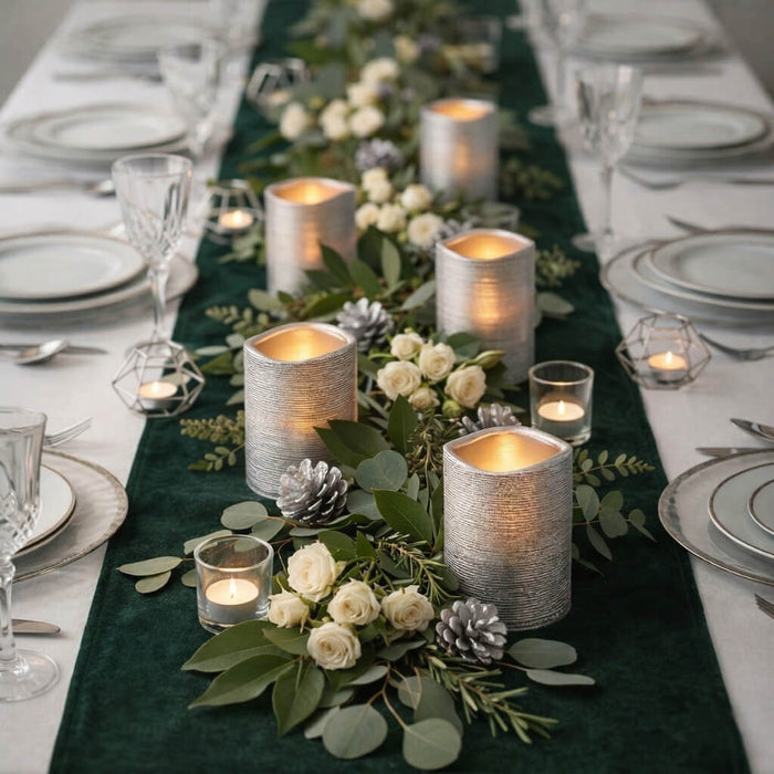 Silver Metallic Wavy Top LED Candle with greenery table centerpiece