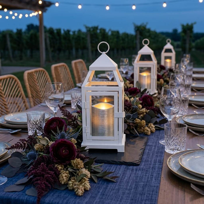 White lanterns with Silver Metallic Wavy Top LED Candle centerpiece decor