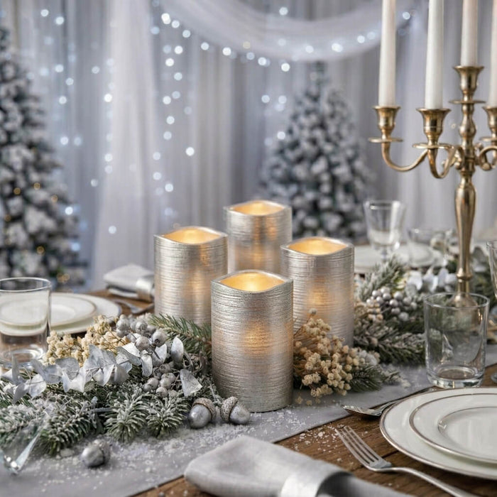 Silver Metallic Wavy Top LED Candle on elegant winter holiday tablescape