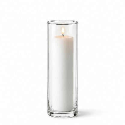 Lit white pillar candle in a Cylinder Vase 3" x 11.75"