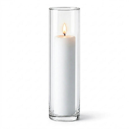 Lit white pillar candle in a Cylinder Vase 3" x 13.75"