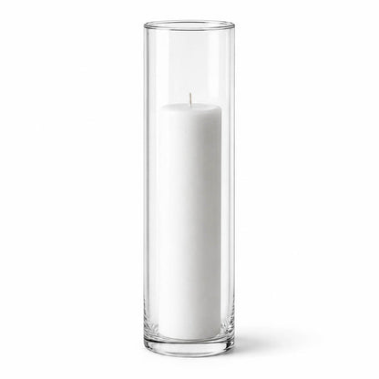 White pillar candle in a Cylinder Vase 3" x 13.75"