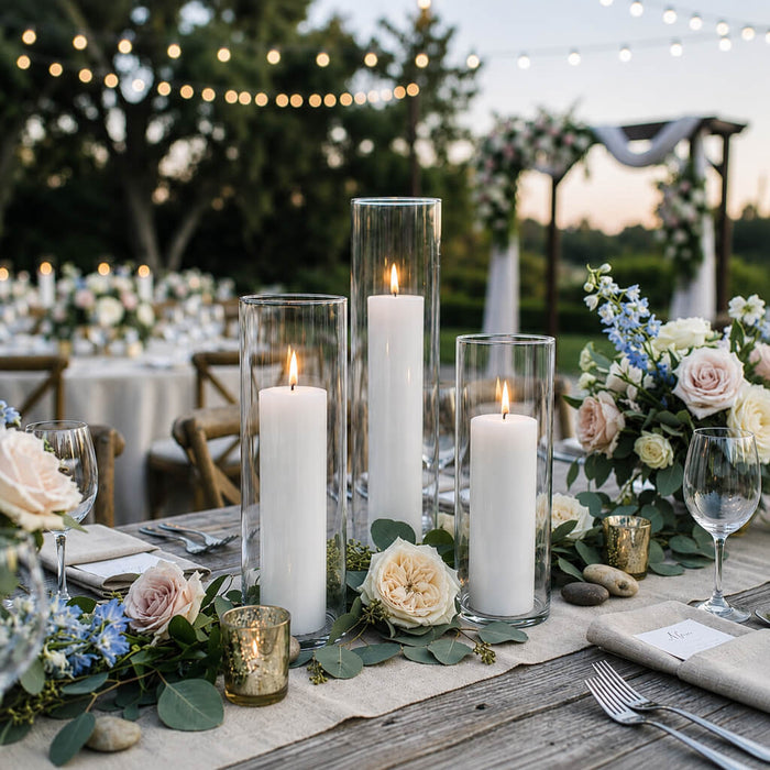 Outdoor wedding table with white pillar candles in glass vases and floral arrangements