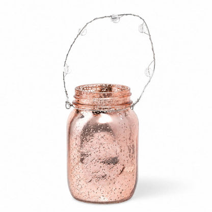 Rose gold mercury hanging mason jar with clear bead handle