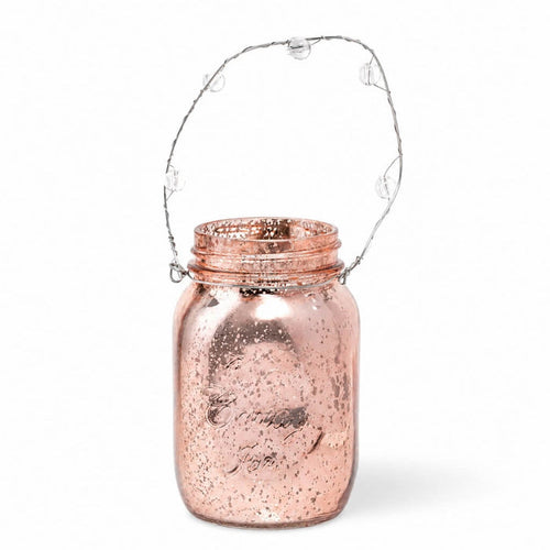 Rose gold mercury hanging mason jar with clear bead handle