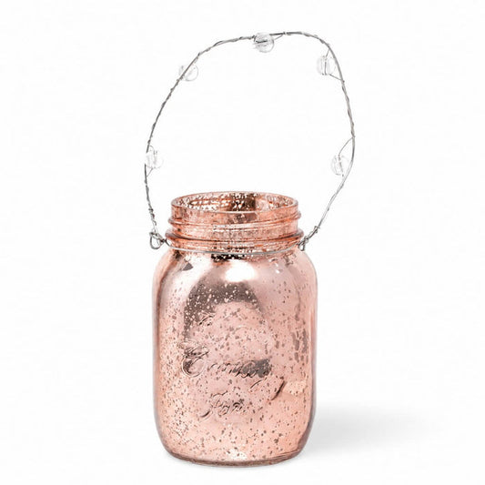 Rose gold mercury hanging mason jar with clear bead handle