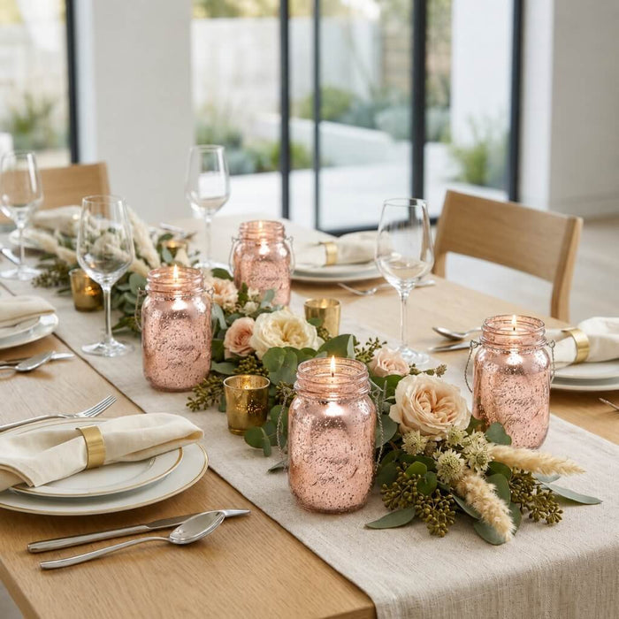 Rose gold mercury mason jars with candles on a floral dining table