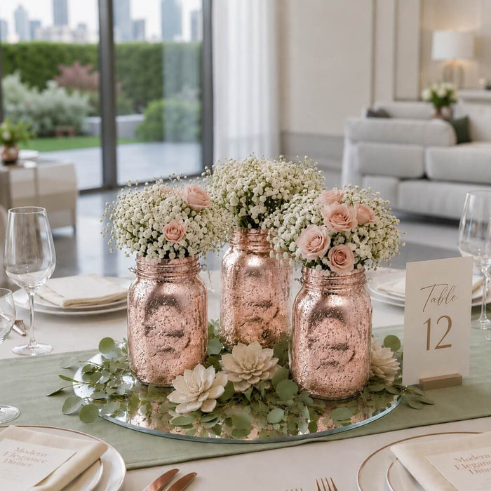 Rose gold mercury mason jars with flowers on a table