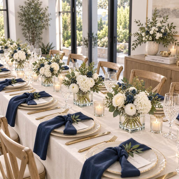 Elegantly set dining table with 4" square glass cube vases holding white and blue floral centerpieces