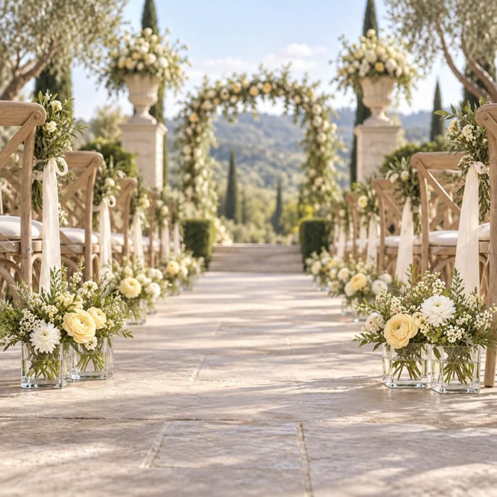 Outdoor wedding aisle with 4" square glass cube vases holding white and yellow flowers