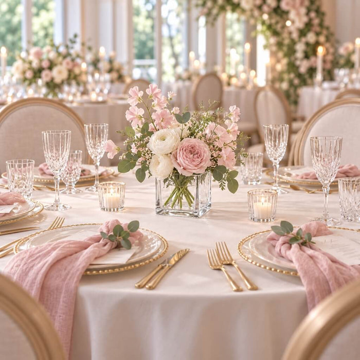 Wedding table setup with a 4" square glass cube vase holding pink and white floral centerpieces