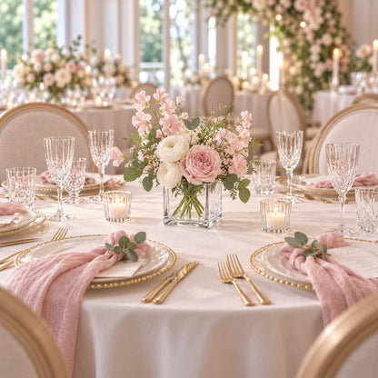 Wedding table setup with a 4" square glass cube vase holding pink and white floral centerpieces
