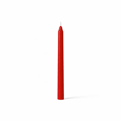Unlit red taper candle standing on white background