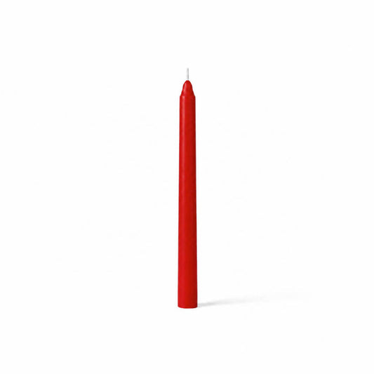 Unlit red taper candle standing on white background