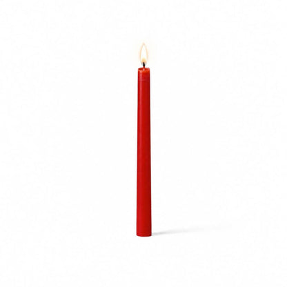 Red lit taper candle standing on white background