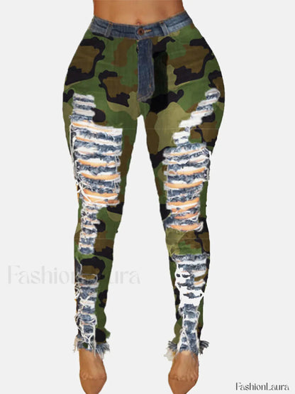 Ripped Camouflage Printed Jeans